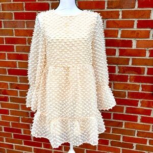 Love Riche Creme Dot Puff Long Flounce Sleeve Sheath Dress Womens Small